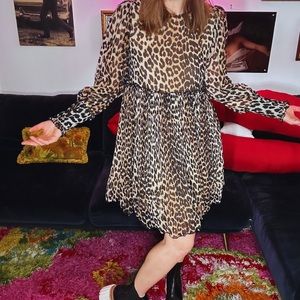 GANNI Leopard Print Pleated Babydoll Dress